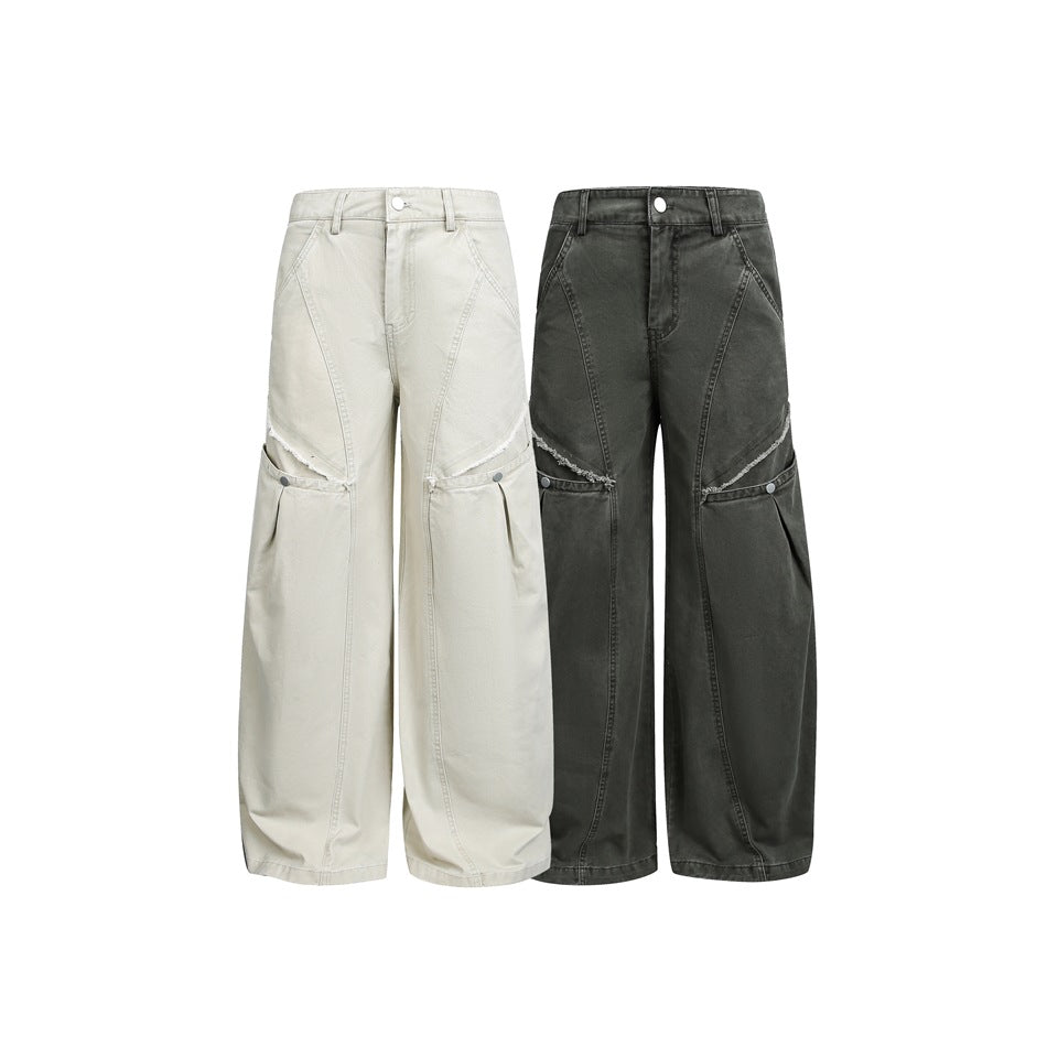 Women's Wide High-Waist Cargo Pants in Vintage Workwear Look with Patch Pockets and Fringe Details Chichicherry