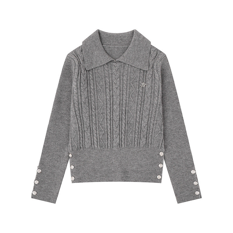 Women's fine knit polo sweater with cable pattern, decorative button trim and tailored fit Chichicherry