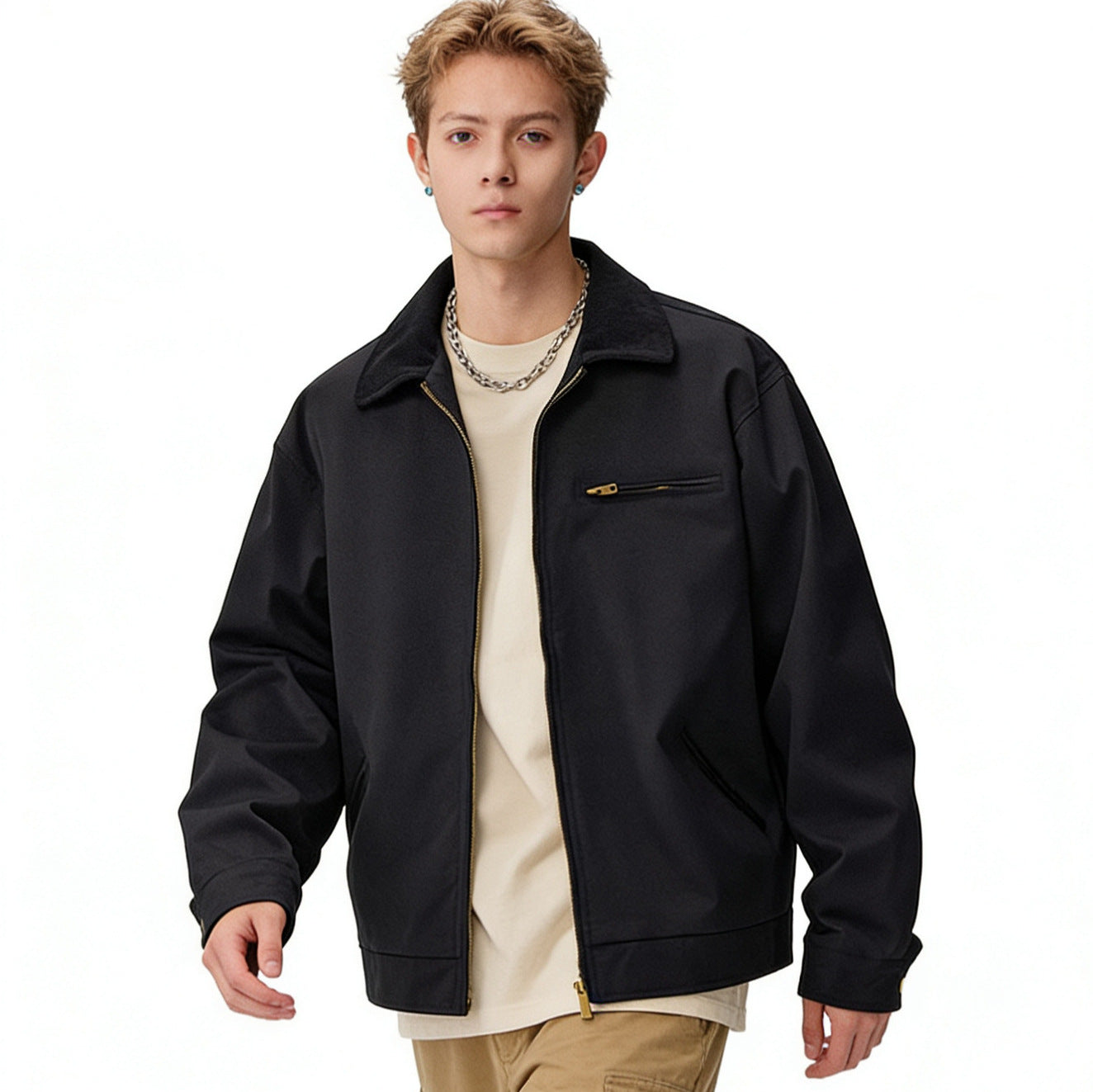Herren Zip-Blouson im Worker-Stil mit Cordkragen und Brusttasche Chichicherry