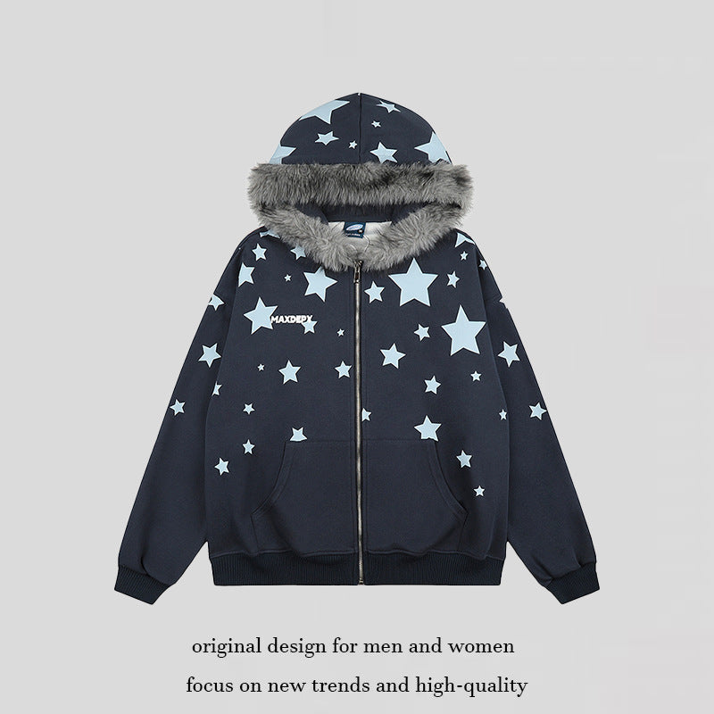 Women Oversize Hooded Sweat Jacket with Star Allover, Faux Fur Trim and Full Zip Chichicherry