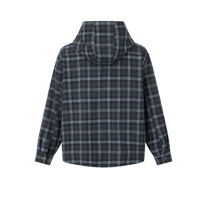 Unisex Boxy Hooded Overshirt in Flannel with Patch Pockets Chichicherry