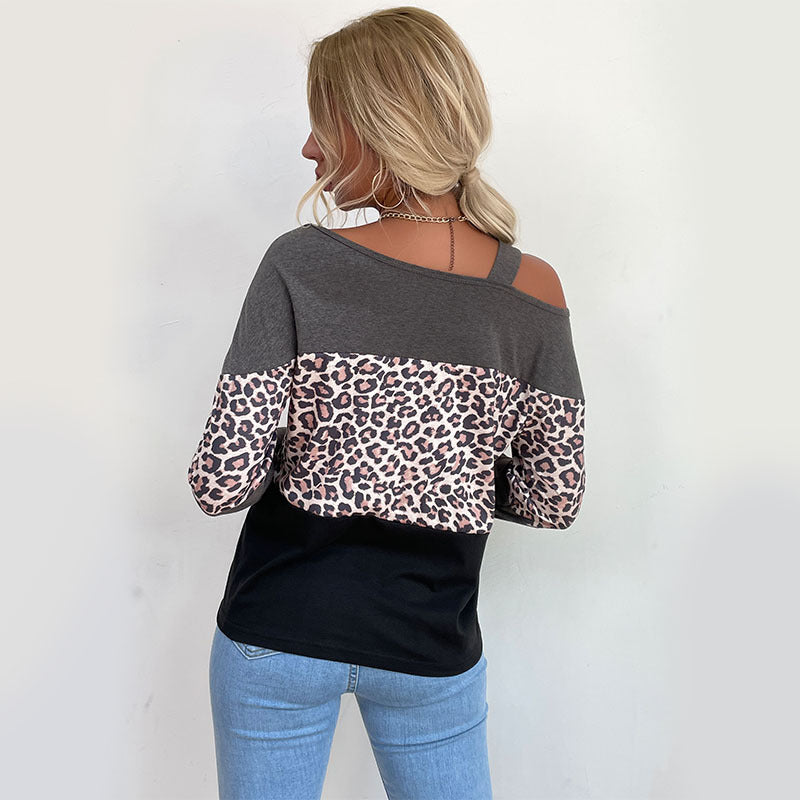 Women's Casual Off-Shoulder Sweater with Leopard Print, Contrast Blocks and Spaghetti Straps Chichicherry
