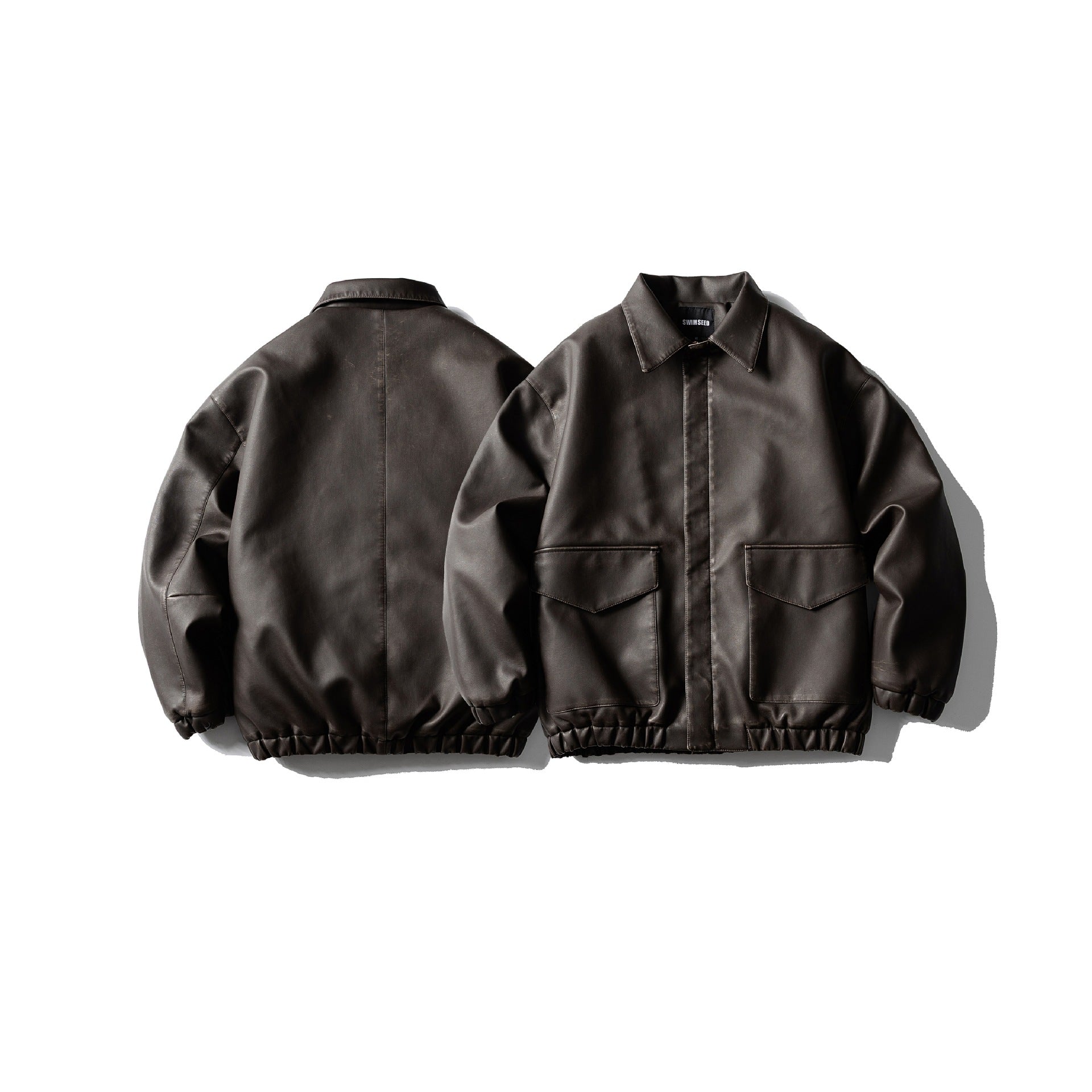 Men's Oversized Faux Leather Bomber Jacket with Flap Pockets, Concealed Closure and Elastic Hem Chichicherry