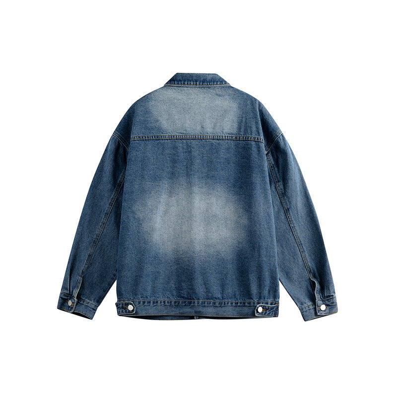 Men's Oversized Denim Jacket with Distressed Wash, Flap Chest Pockets and Button Closure Chichicherry