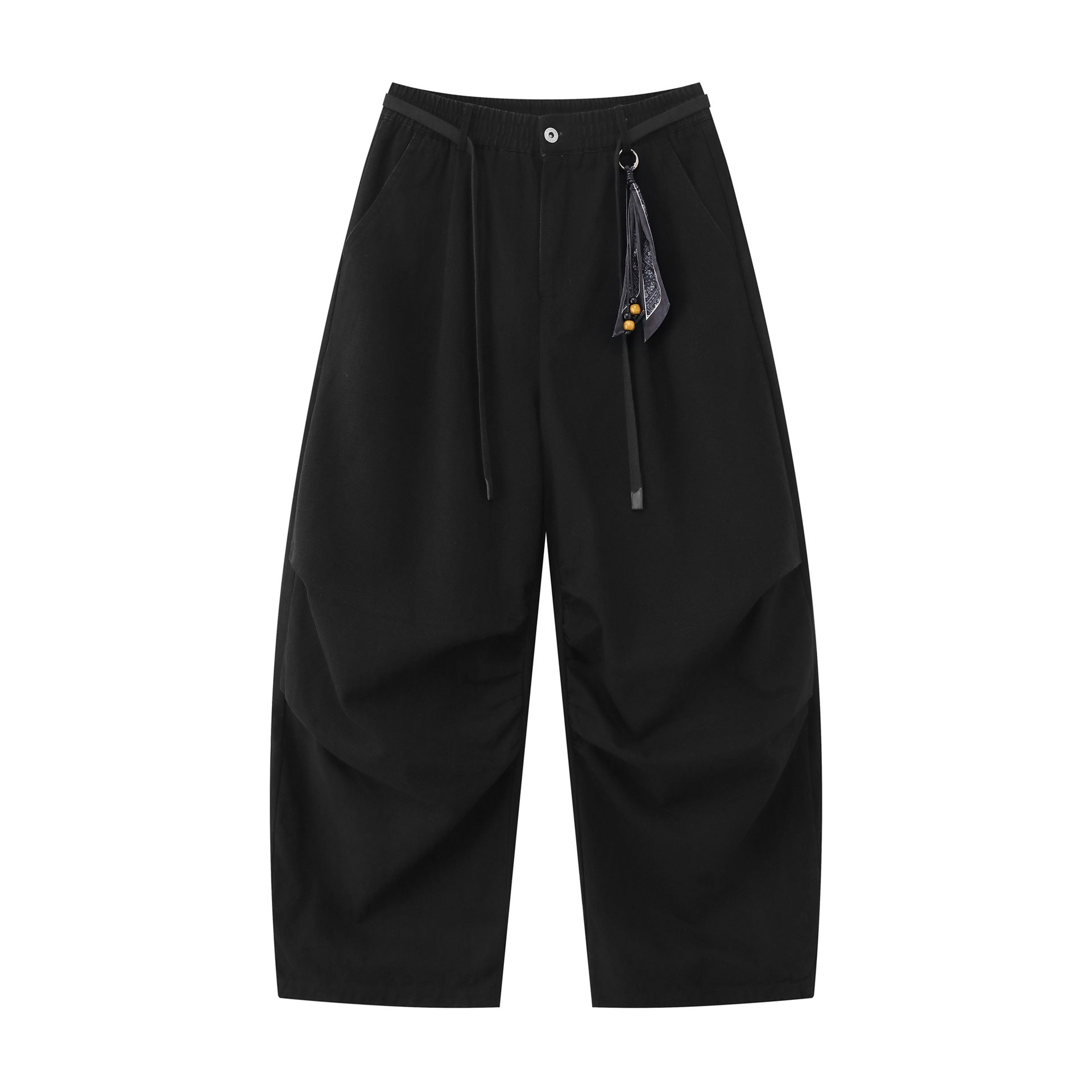Women's Wide Culotte Pants with Elastic Waistband, Pleats, and Decorative Scarf Pendant Chichicherry