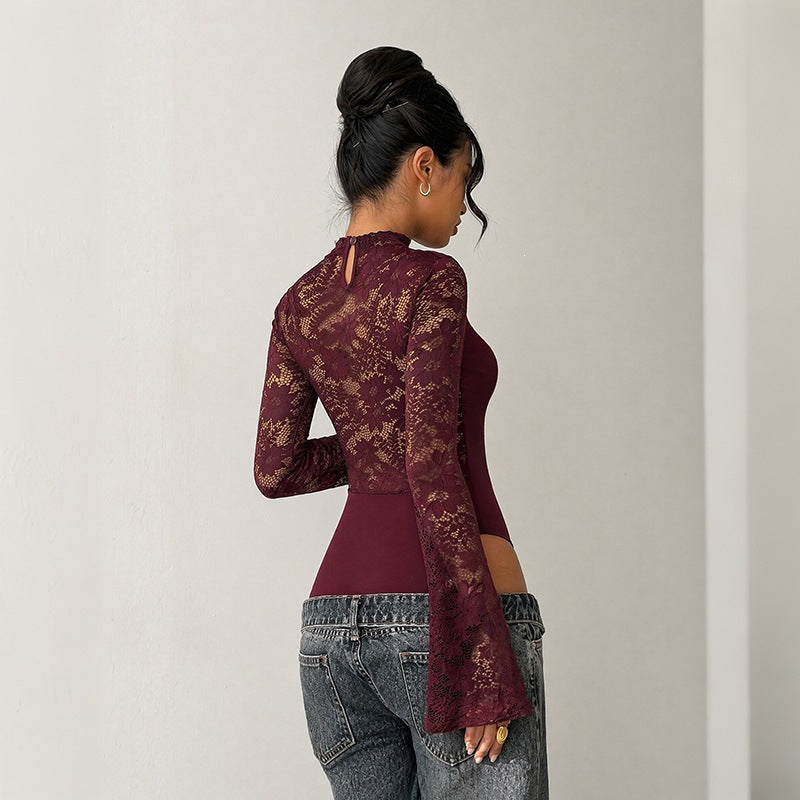 Women's lace bodysuit with cut-out, off-the-shoulder look and flared trumpet sleeves Chichicherry