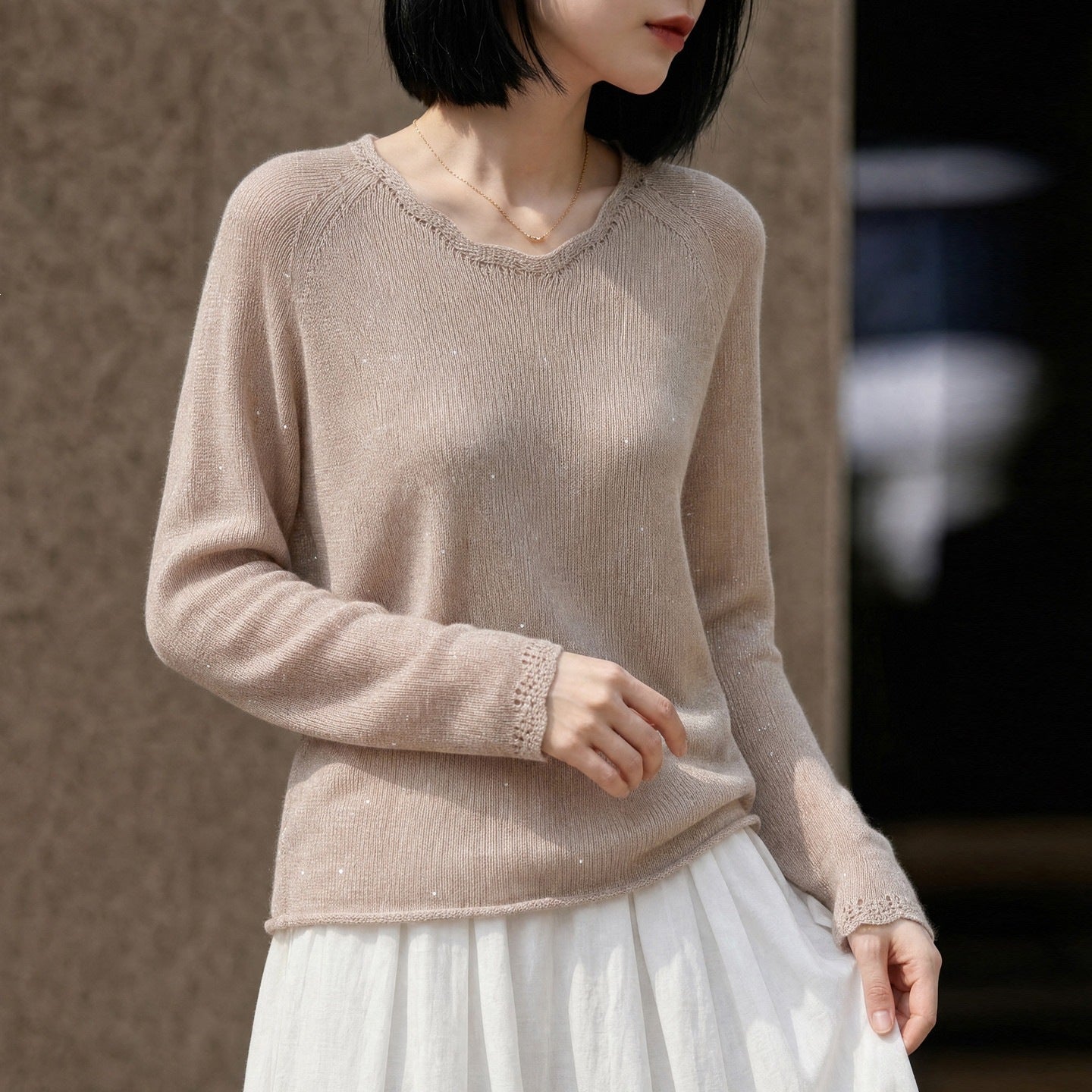 Women's lightweight fine knit sweater with subtle glitter effect and raglan sleeves Chichicherry