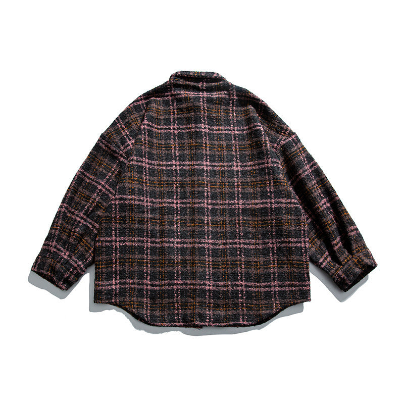 Unisex Boucle Check Shirt Jacket with Quilted Lining, Rounded Hem and Shirt Collar Chichicherry