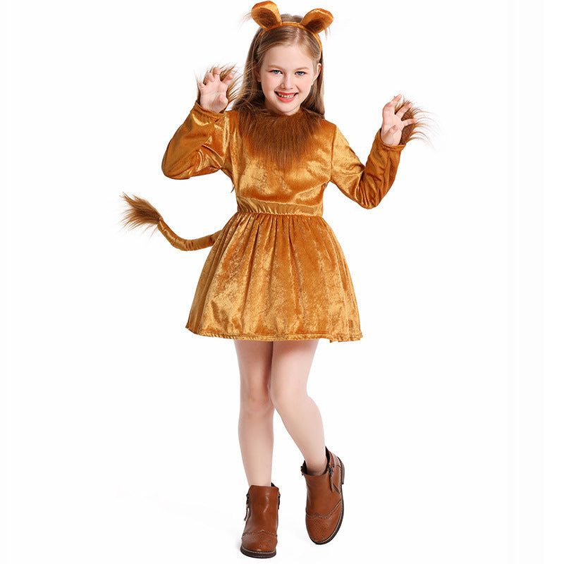 Girls Lion Costume with Fluffy Ear Accents and Swinging Skirt Chichicherry