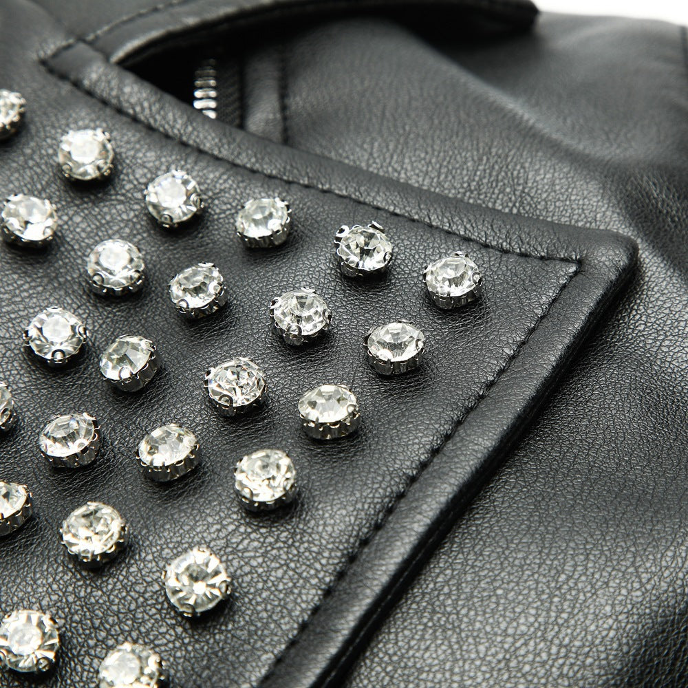 Women's Asymmetrical Biker Jacket made of Faux Leather with Studded Lapel and Quilted Arm Zone Chichicherry
