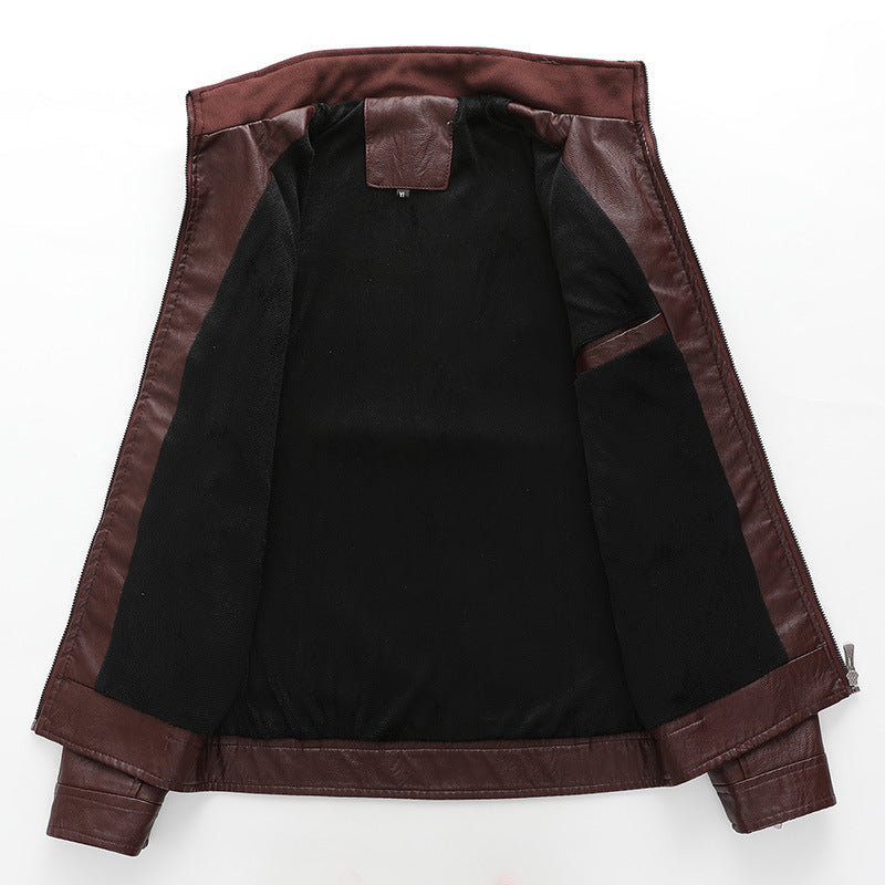 Men's Slim-Fit Leather Look Moto Jacket with Stand-Up Collar and Zipper Pockets Chichicherry