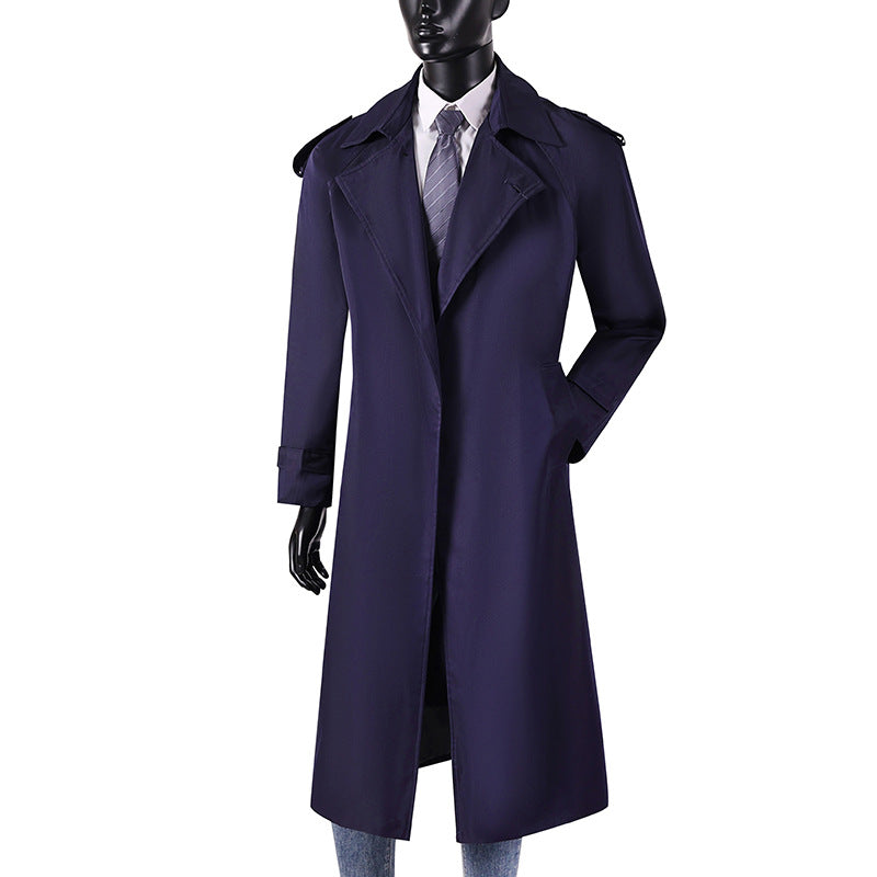 Men's elegant knee- to calf-length trench coat with concealed button placket and shoulder epaulettes Chichicherry