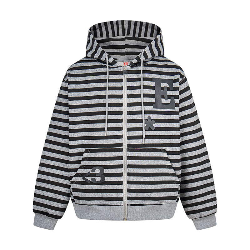 Women's oversized striped hooded sweatshirt jacket with full-length zipper and typographic front print Chichicherry
