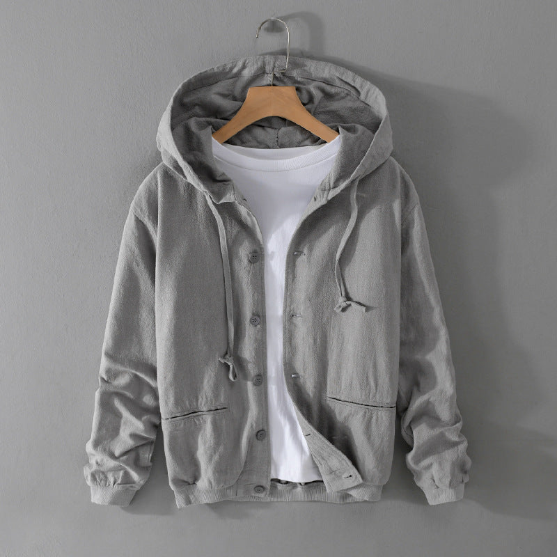 Men's Lightweight Linen Hoodie Jacket with Button Placket and Drawstring Chichicherry
