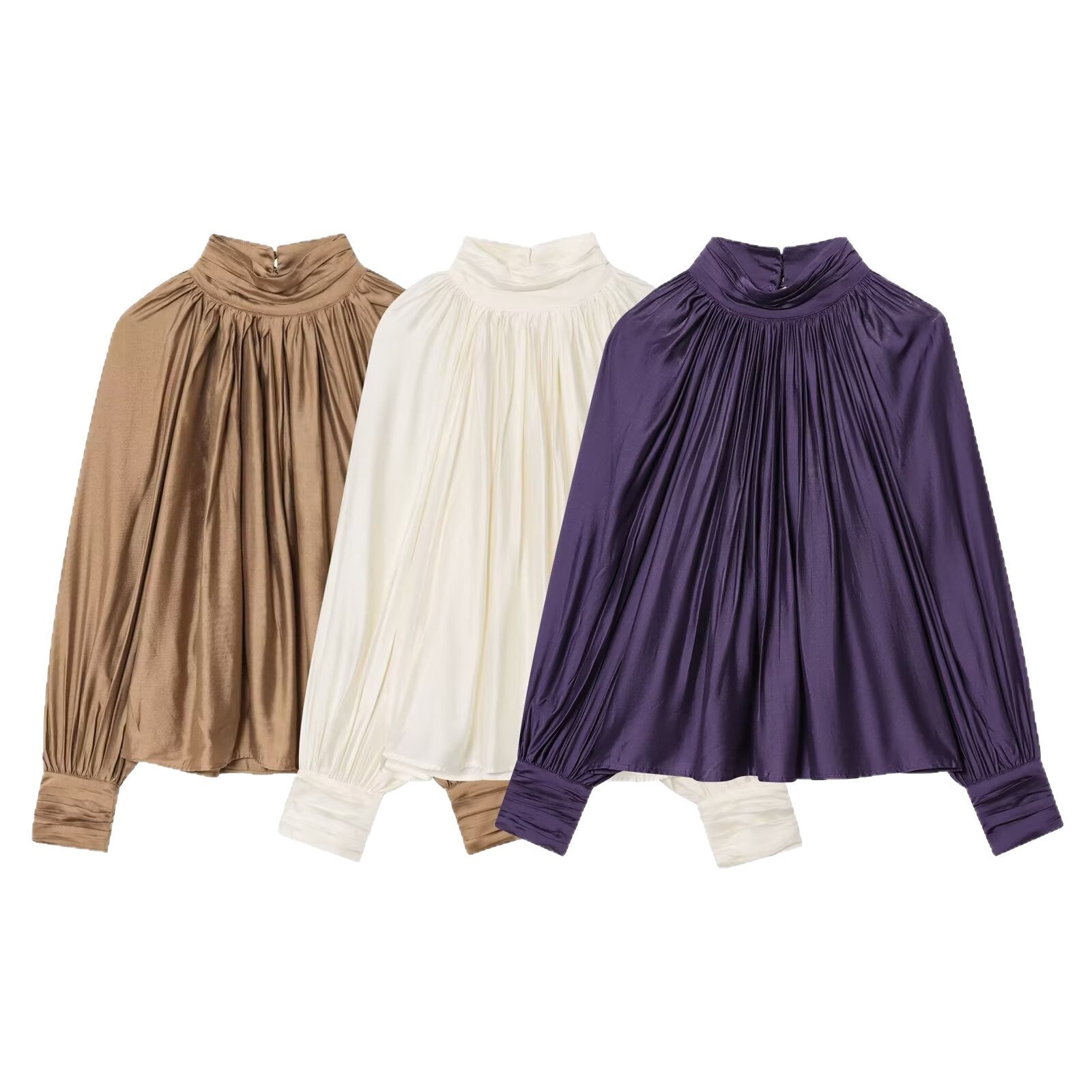 Women's Pleated Satin Blouse with Stand Collar and Balloon Sleeves Chichicherry
