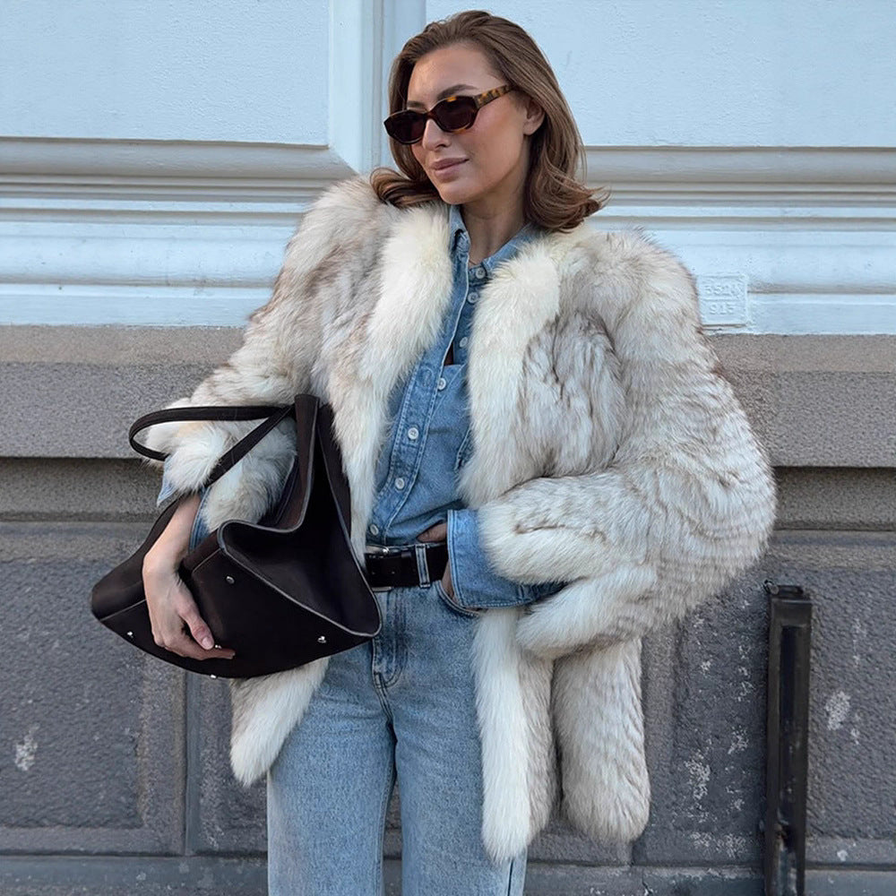 Women's Boxy Faux Fur Jacket with Textured Shag Look and Voluminous Shawl Collar Chichicherry