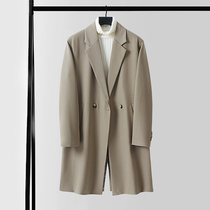 Men's Double-Breasted Wool Blend Coat with Extended Length and Classic Lapels Chichicherry