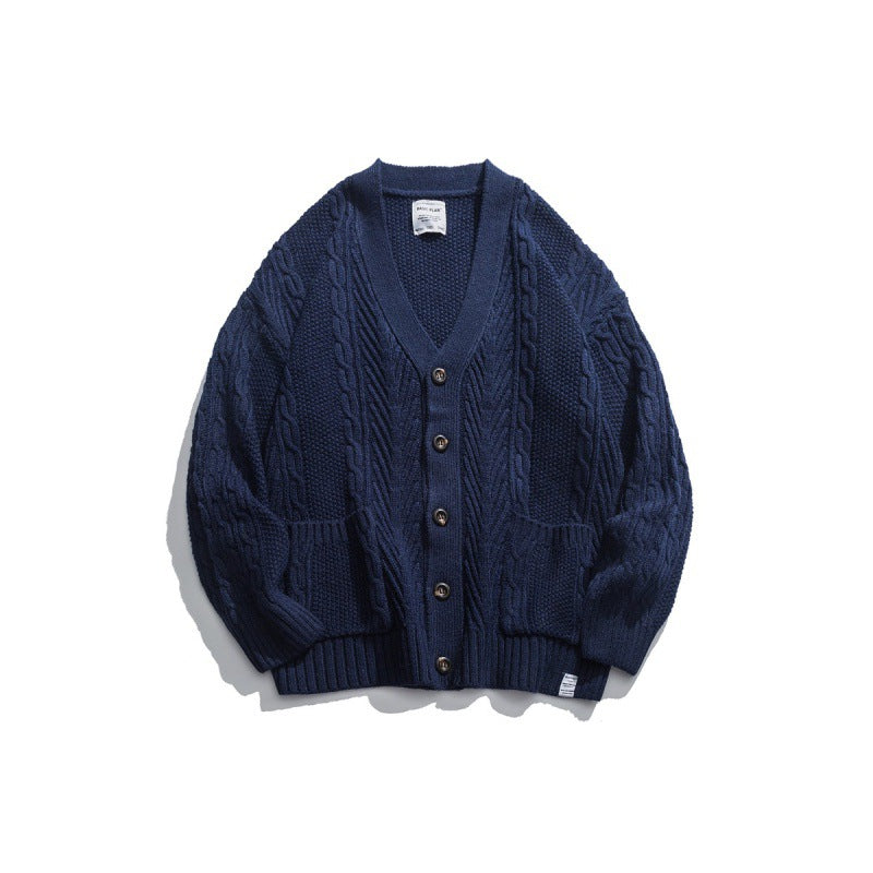 Unisex Oversized Knit Cardigan with Cable Pattern, V-Neck and Patch Pockets Chichicherry