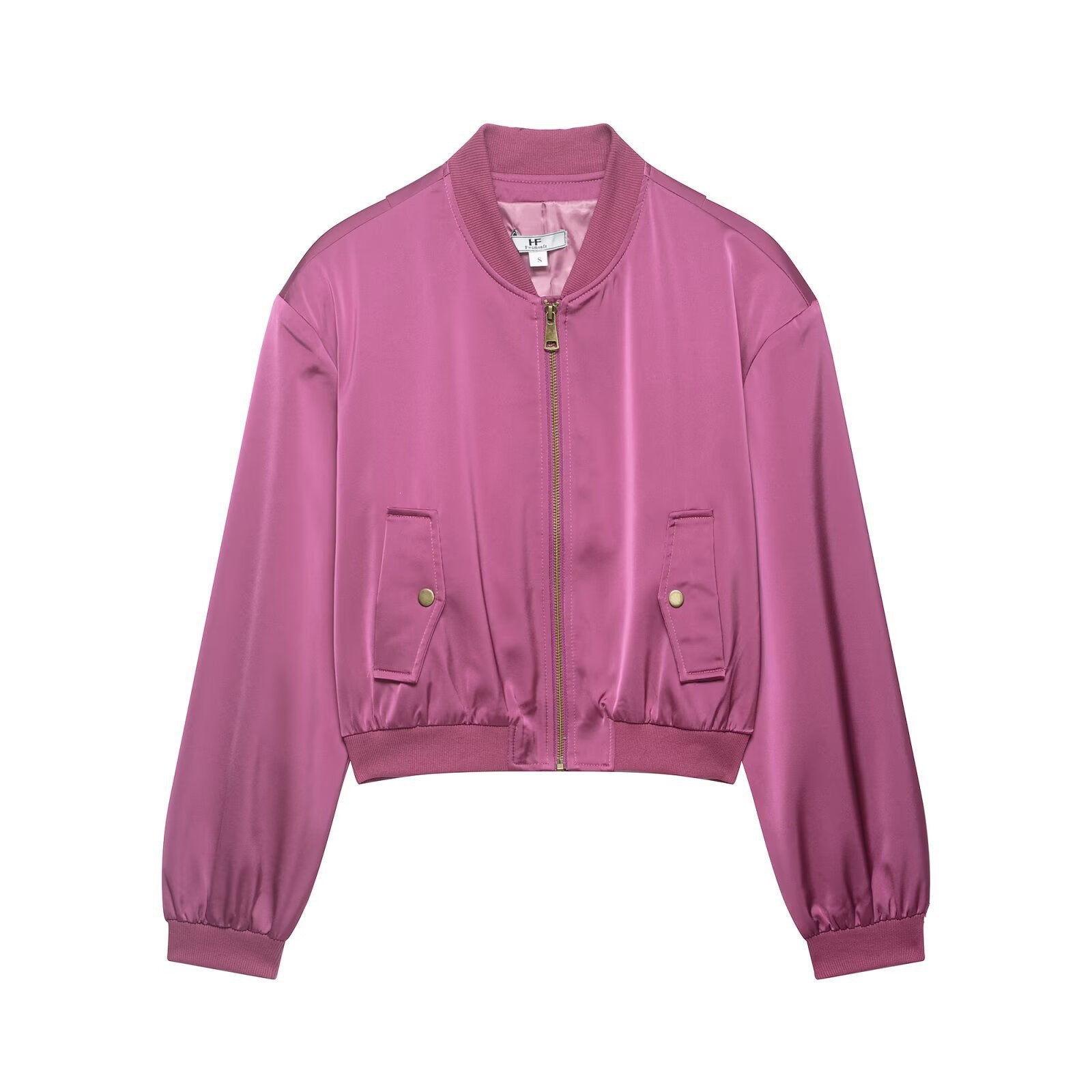 Women Cropped Satin Bomber Jacket with Zipper, Flap Pockets and Ribbed Cuffs Chichicherry