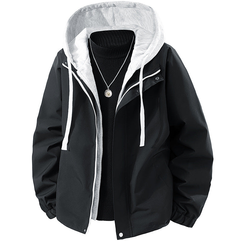 Men's Two-Layer Windbreaker Hooded Jacket with Contrast Lining and Concealed Zipper Chichicherry