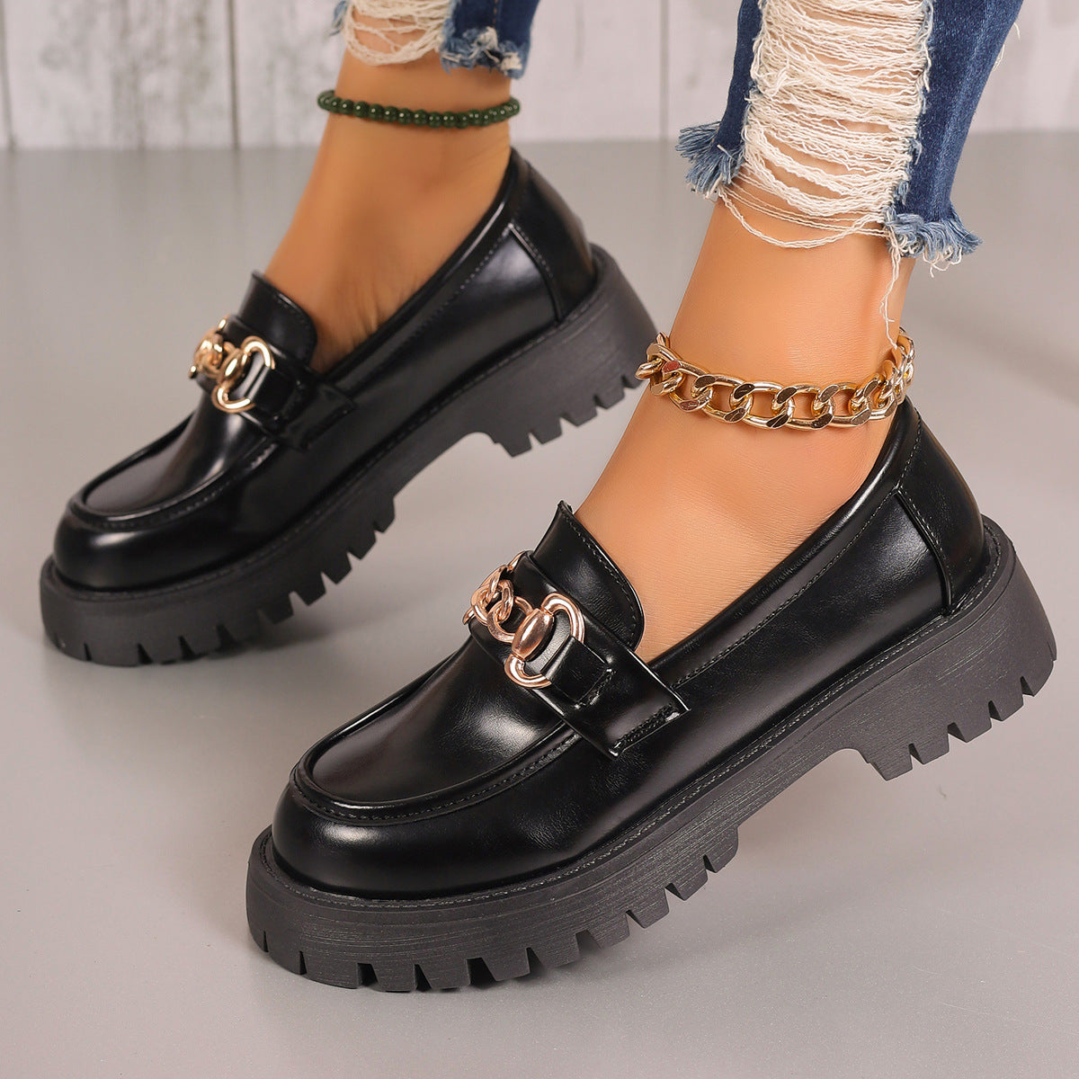 Women Chunky Platform Loafer with Metal Chain Detail and Profiled Rubber Sole Chichicherry