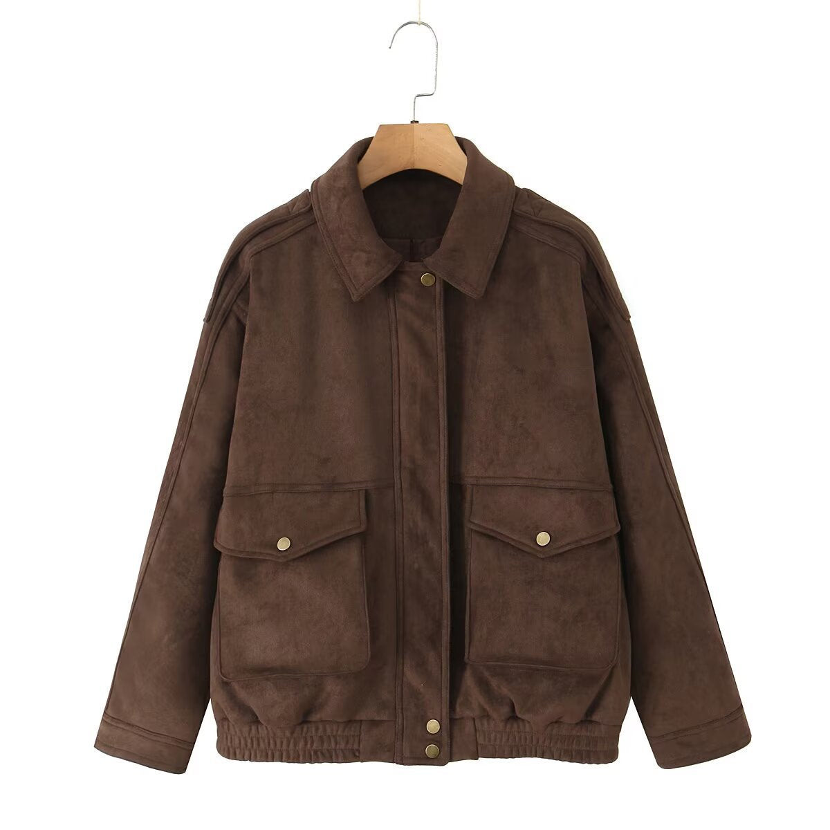 Women's Oversize Suede-Look Bomber Jacket with Flap Pockets and Elastic Hem Chichicherry