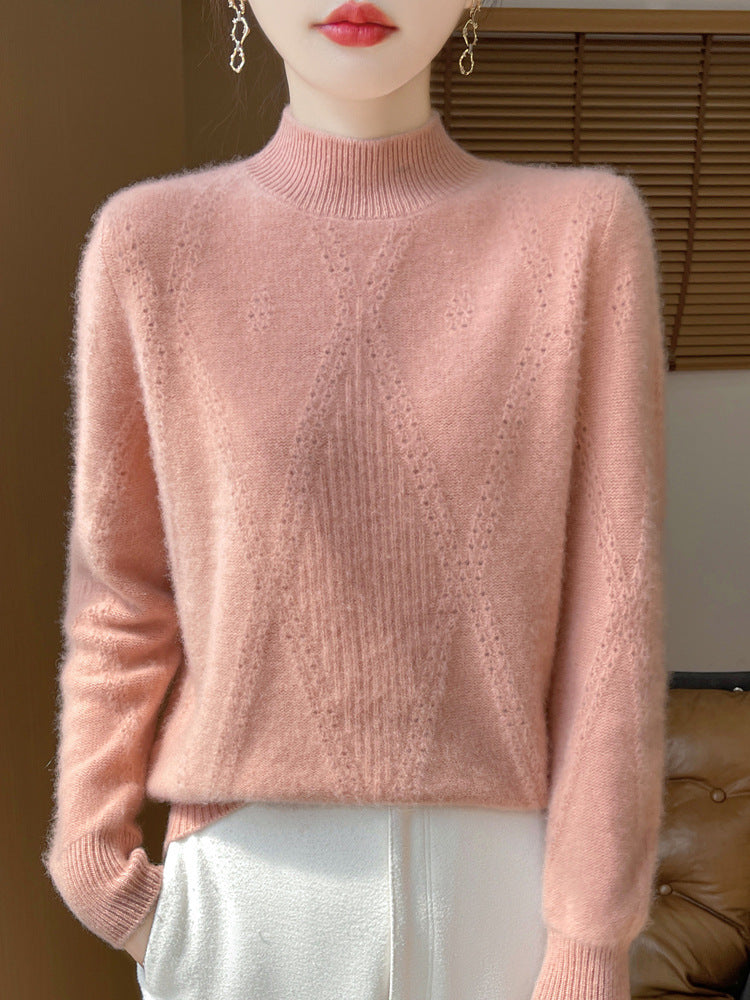 Women's Light Mockneck Fine Knit Sweater with Eyelet Chevron and Cashmere Soft Finish Chichicherry