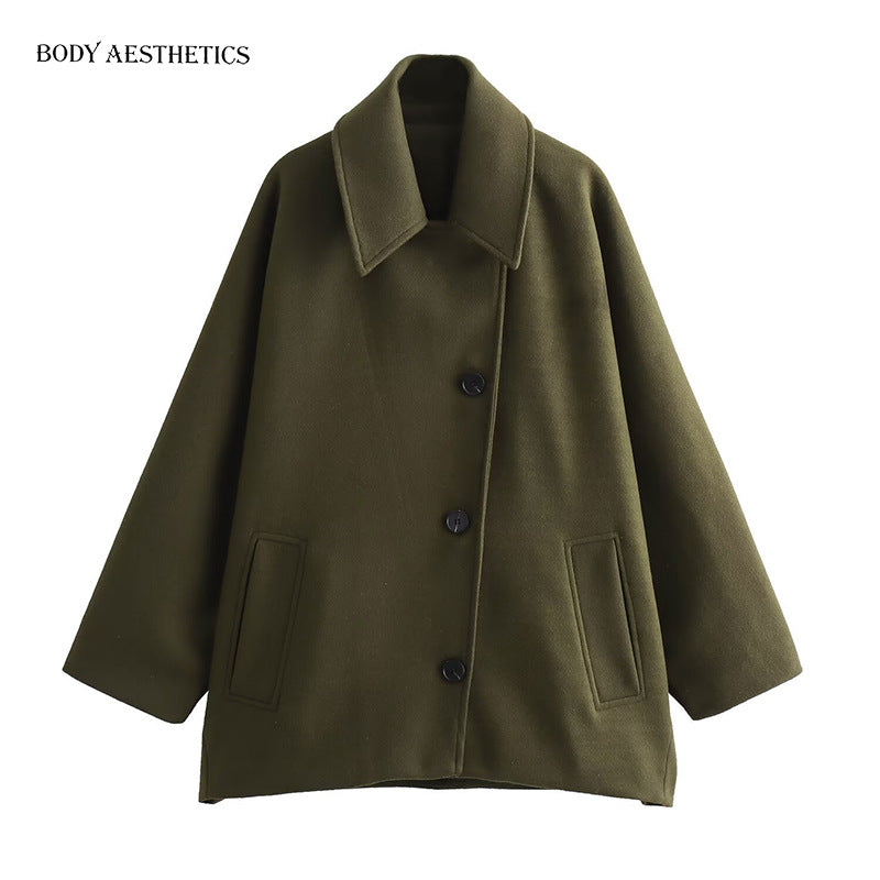 Women Oversized Wool Blend Boxy Short Coat with Lapel Collar and Insert Pockets Chichicherry