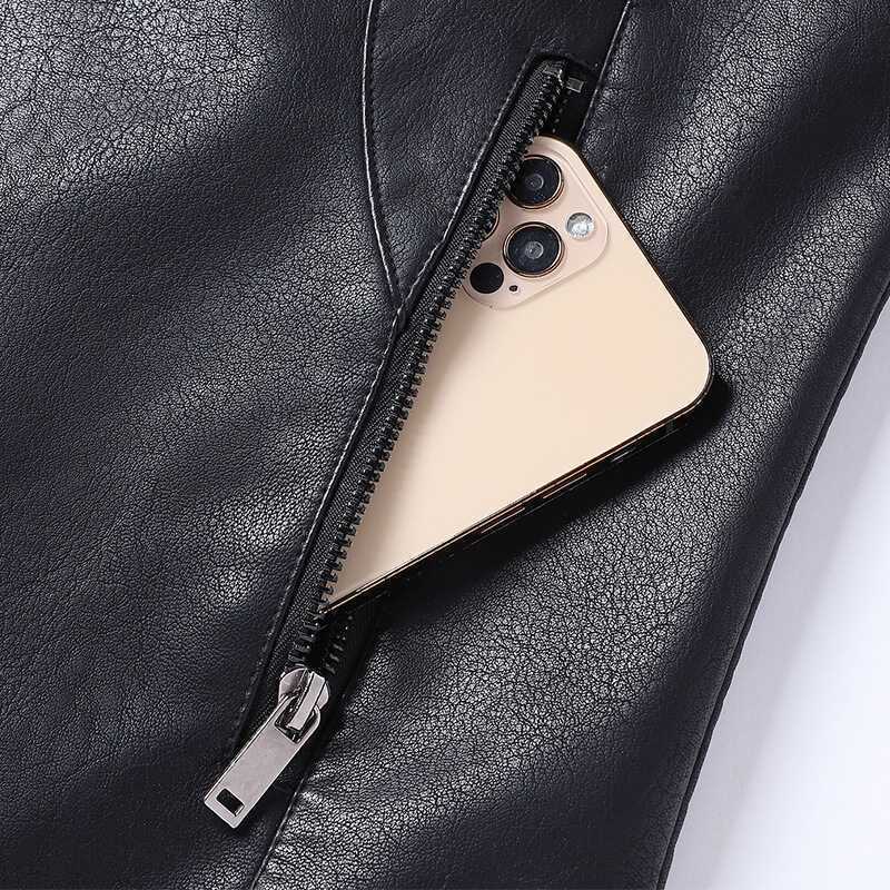 Men's Faux Leather Jacket in Moto Style with Stand Collar and Full Zip Chichicherry