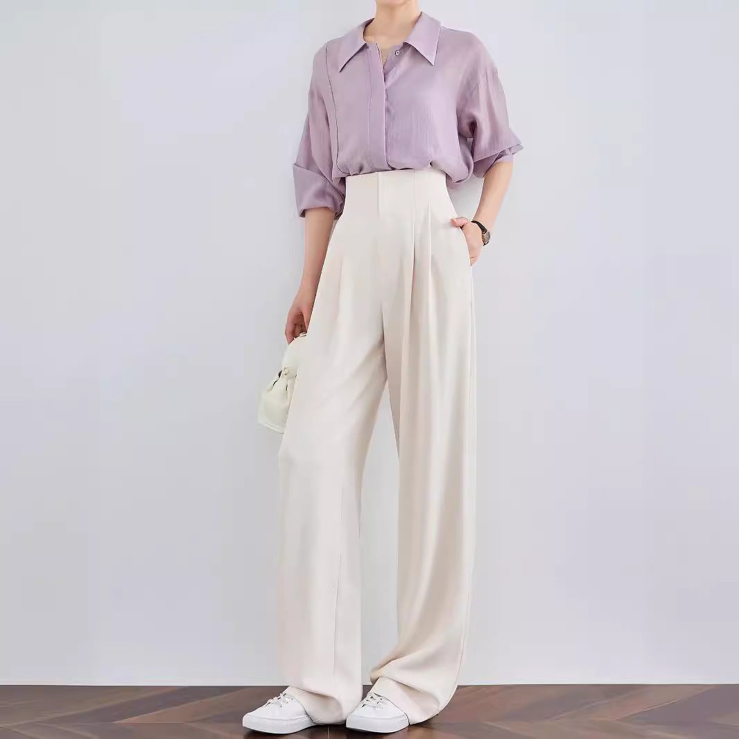 Ladies Elegant and Casual High-Waist Fabric Trousers Drune