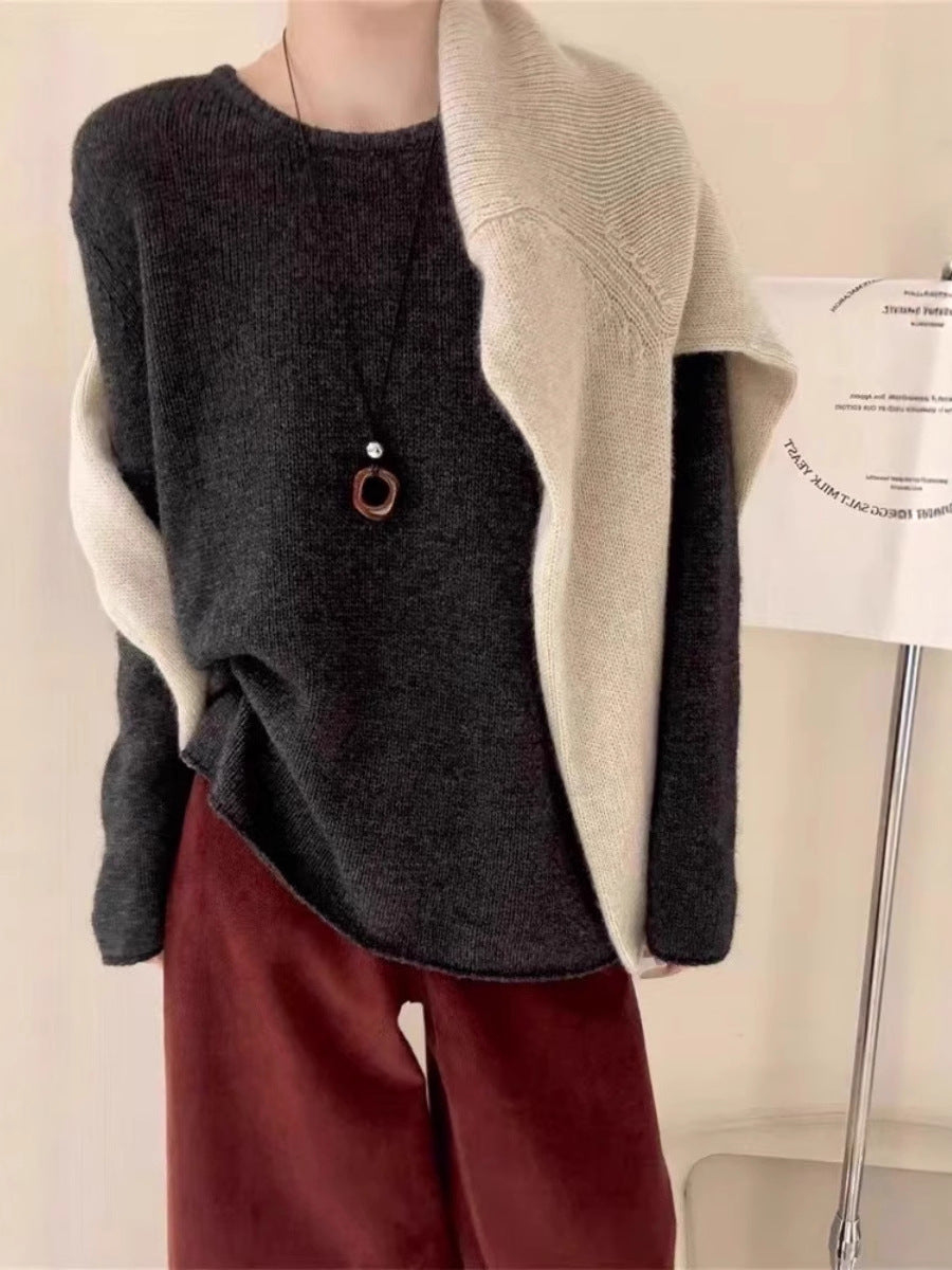 Women Light Oversized Fine Knit Sweater with Round Neck, Subtle Sheer Effect and Rounded Hem Chichicherry