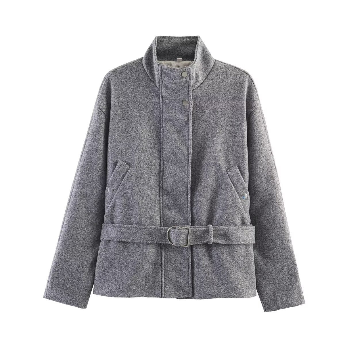 Women's Boxy Wool Jacket with Stand-Up Collar, Concealed Snap Button Placket and D-Ring Waist Belt Chichicherry