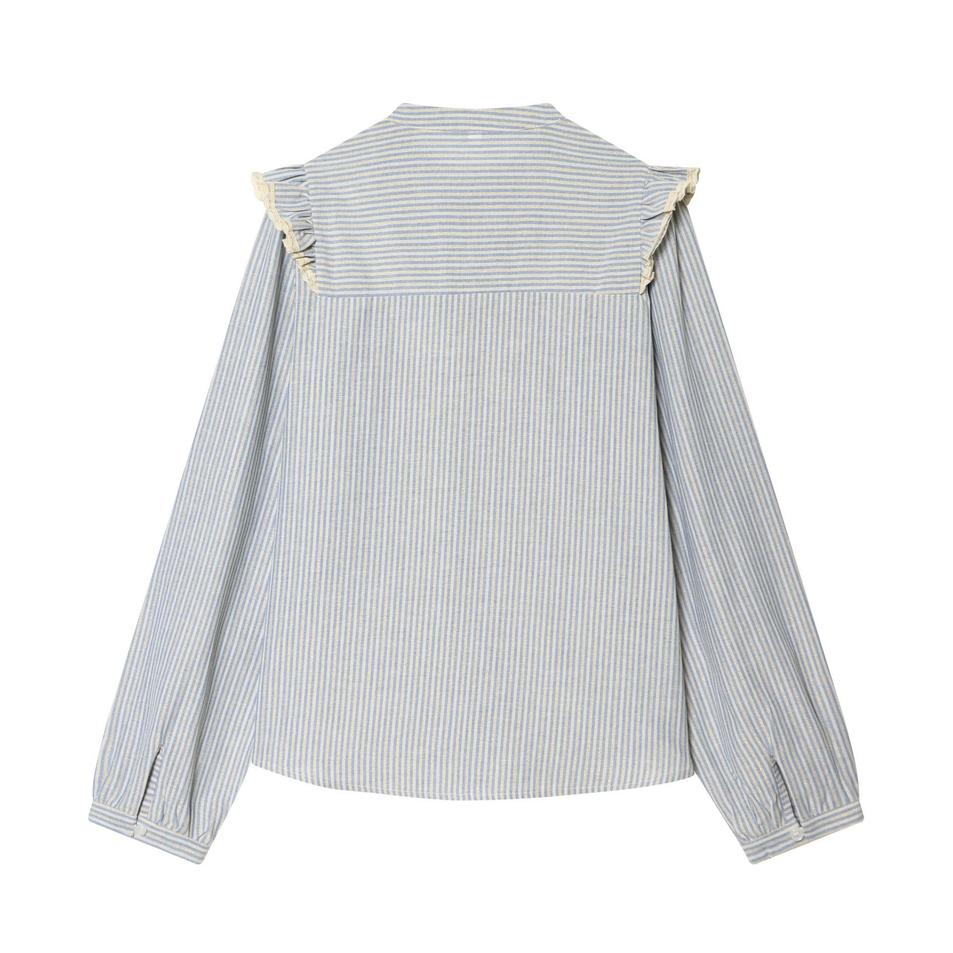 Women Striped Cotton Blouse with Square Bust Yoke, Ruffle and Lace Trim Chichicherry