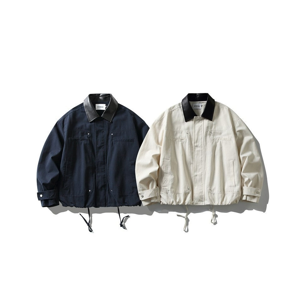 Men's short-cut boxy blouson jacket with faux leather collar, drawstring hem, and snap button cuffs Chichicherry