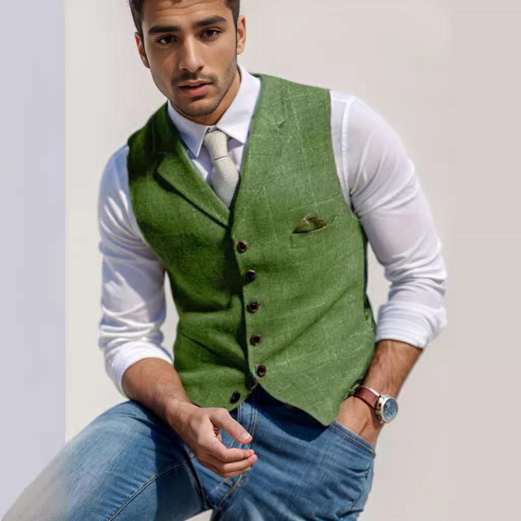 Herren Tweed-Weste im Vintage-Stil mit Revers, Brusttasche und Zierkettendetail Chichicherry