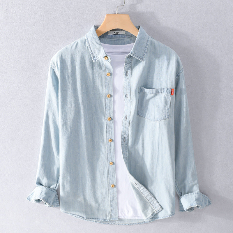 Men's Lightweight Denim Shirt in Relaxed Fit with Chest Pocket and Wood Button Placket Chichicherry