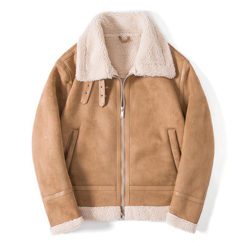 Men's Sheepskin Look Pilot Jacket with Teddy Lining and Leather Trim Chichicherry