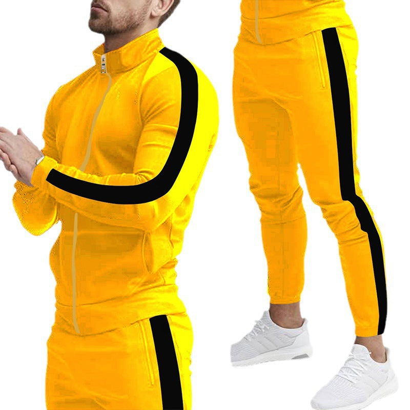 Men's Stylish Tapered Training Suit in Retro Stripe Look with Stand-Up Collar Chichicherry