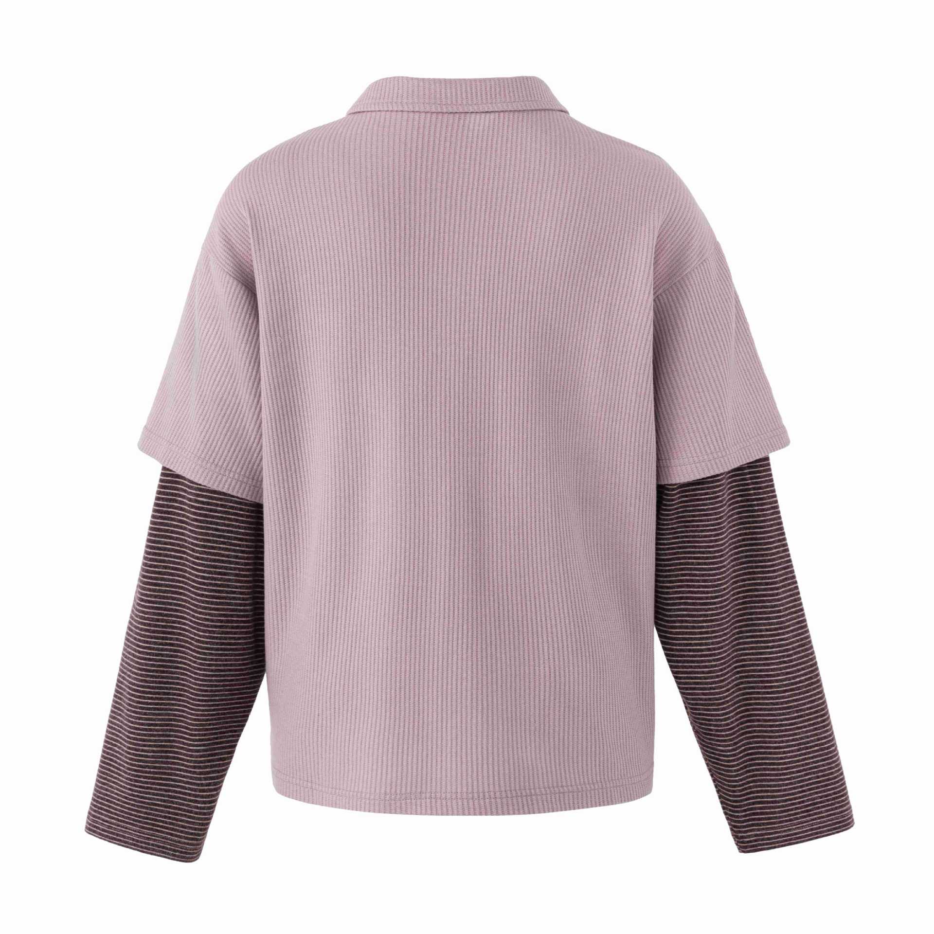 Women's Casual Layered Polo Shirt with Ribbed Texture and Striped Insert Sleeves Chichicherry