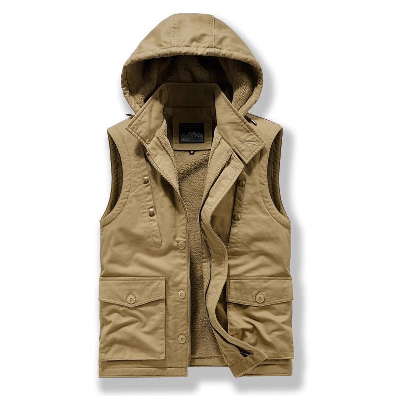 Men's Utility Vest with Hood, Teddy Lining and Multi-Function Pockets Chichicherry