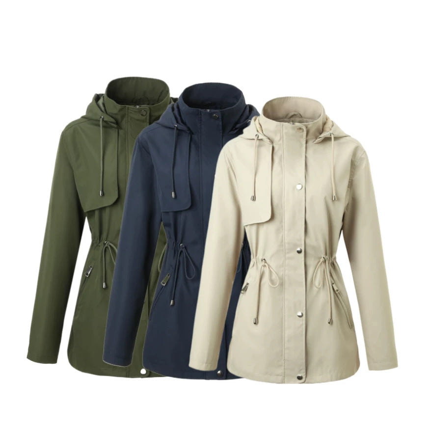 Women Lightweight Rain Parka with Hood and Waist Drawstring Chichicherry