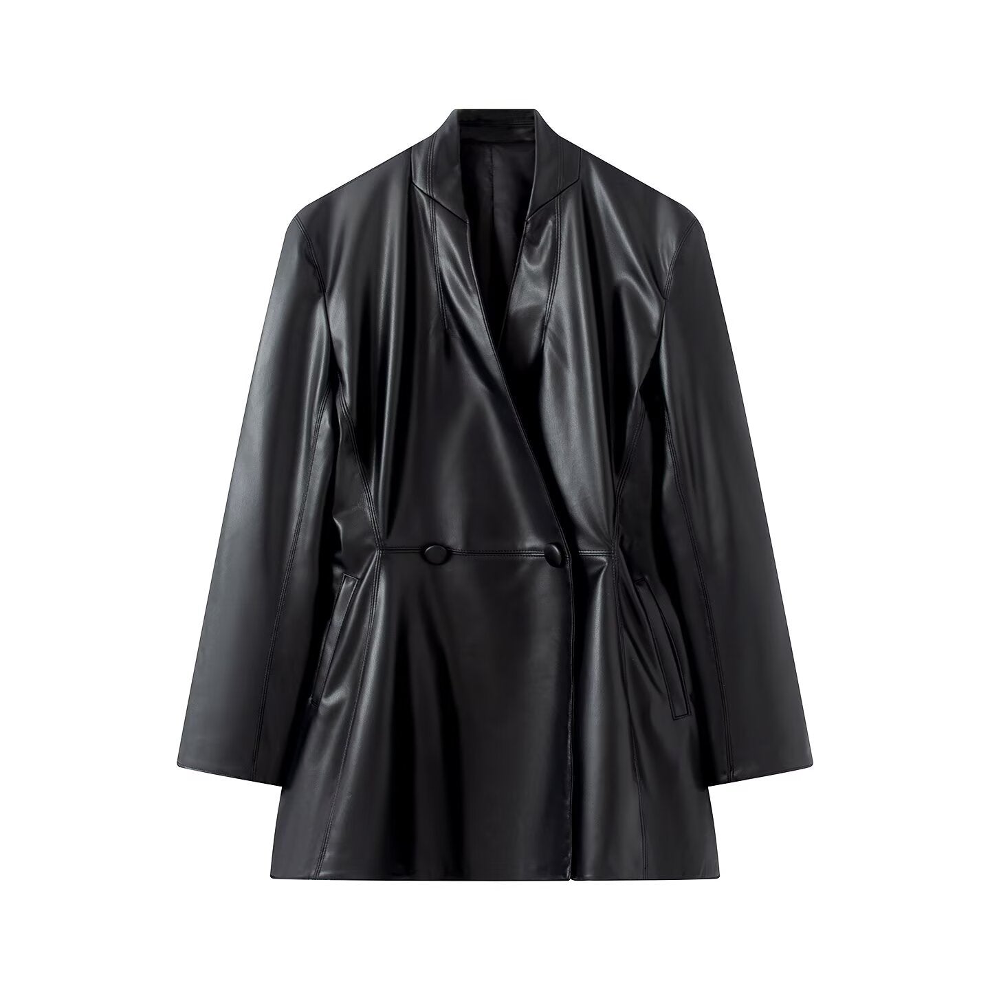Women's Longer Tailored Blazer Coat in Vegan Leather Look with Cascading Shawl Collar and Double-Breasted Button Placket Chichicherry