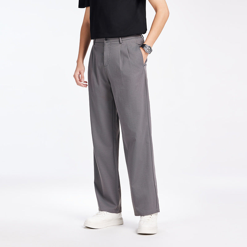 Men's Elegant Pleated Fabric Pants with High Waist, Crease and Straight Leg Chichicherry