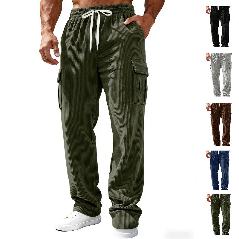 Men Ribbed Cargo Sweatpants with Drawstring and Elastic Waistband Chichicherry
