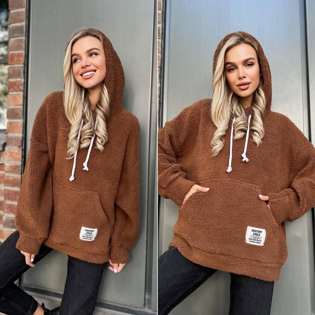 Damen Kuscheliger Teddy-Hoodie mit Kapuze, Kängurutasche und Oversize-Schnitt Chichicherry