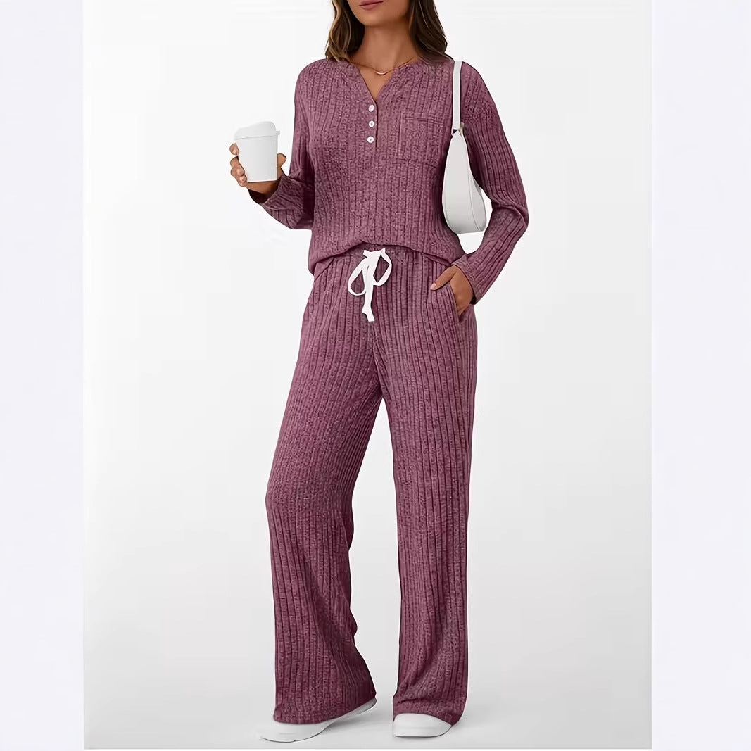 Women Ribbed Relaxation Set with Henley Top and Wide Cord Pants Chichicherry