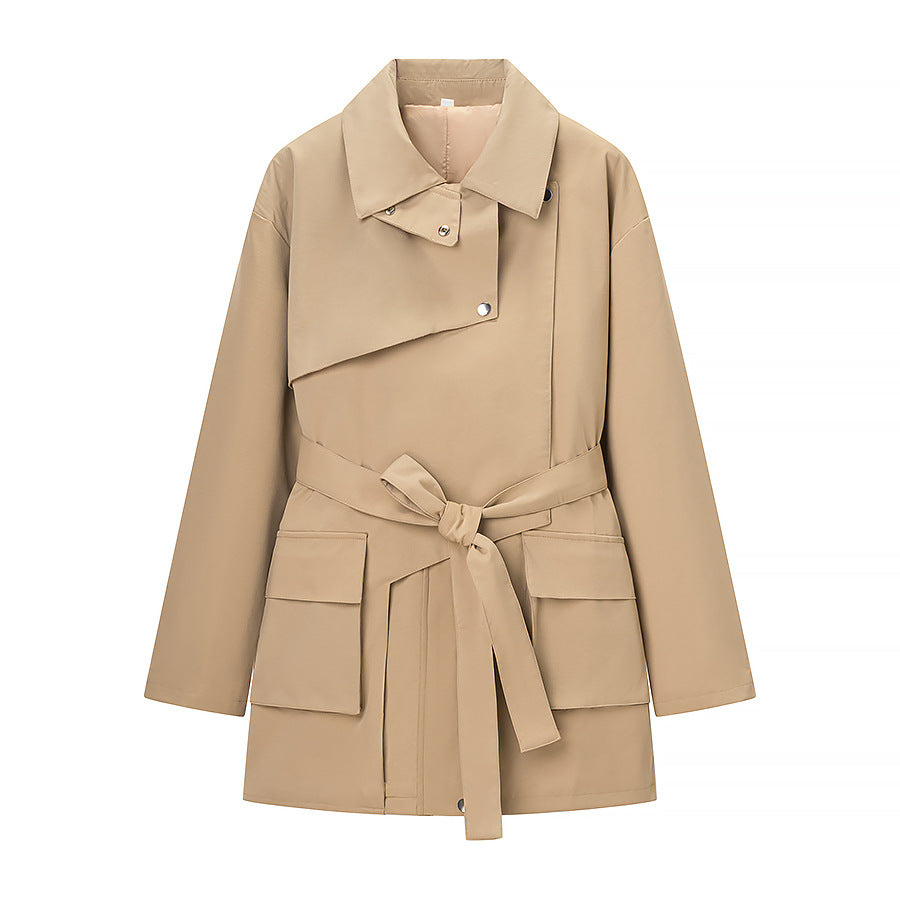 Women's Tailored Transition Jacket with Stand Collar, Shoulder Cape and Belt Chichicherry