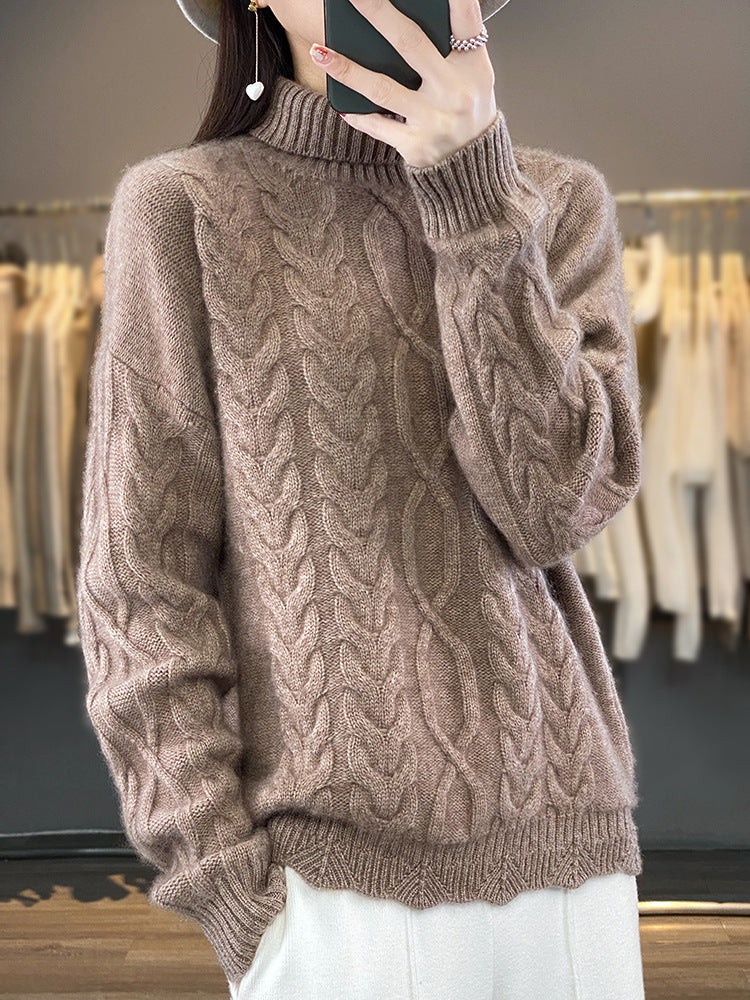 Women's Oversized Cable Knit Sweater with Mohair Look and Ribbed Cuffs Chichicherry
