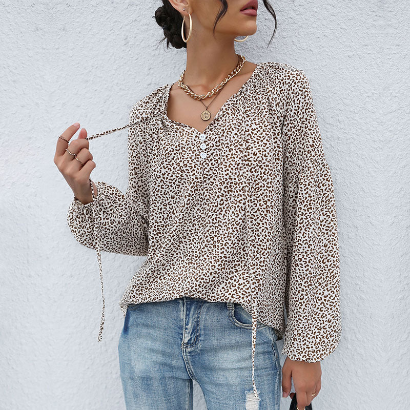 Women's Casual Tunic-Blouse with Fine Leopard Print, Button Placket and Balloon Sleeves Chichicherry