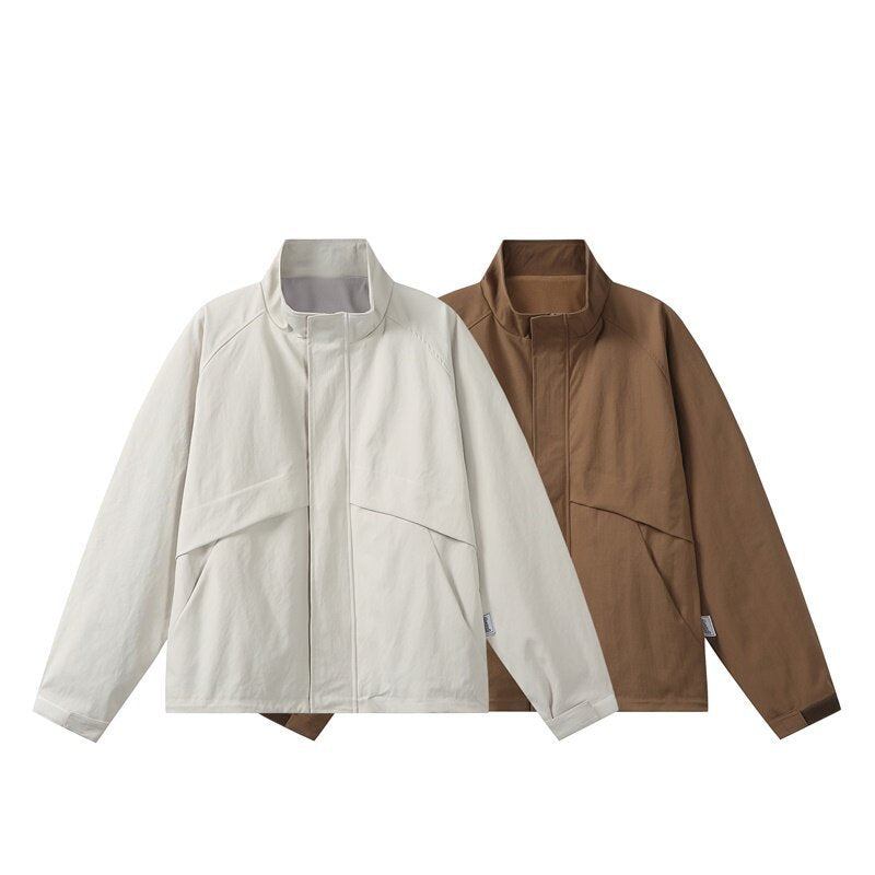 Men's lightweight transitional jacket in minimalist field style with high standing collar and hidden front flap Chichicherry